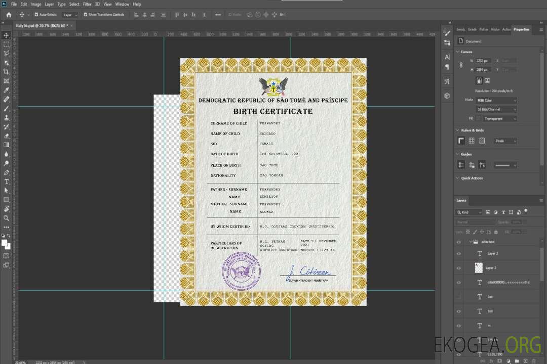 Modèle PSD de certificat de naissance d'état civil de Sao Tomé-et-Principe template